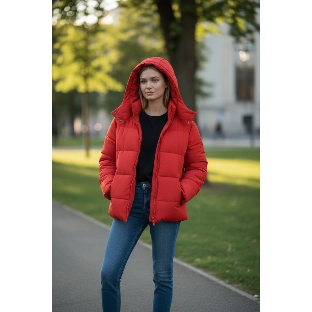 REISS Thea Short Puffer Jacket NEW Size S Red Quilted Hoodie $565 Coat Winter - Picture 11 of 16